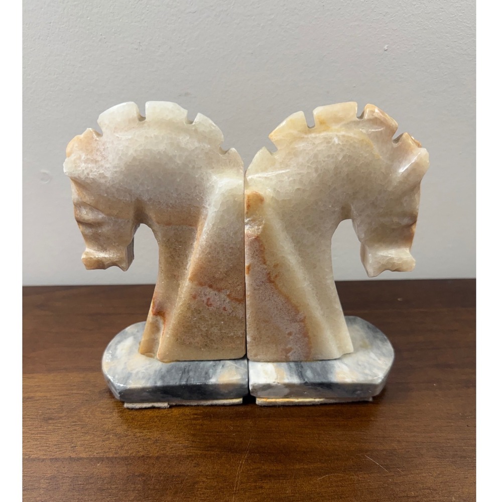 Vintage Hand Carved Onyx Horse Head Bookends Natural Stone Marble Base Set of 2